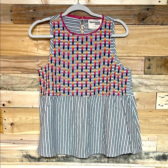 Savanna Jane size Large White with Black Stripes Sleeveless Colorful Stitch Top - Picture 1 of 9